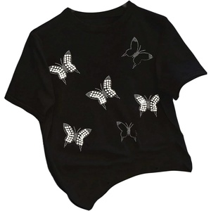 image:imageRoseSeek Womens Beaded Sequin Bowknot T Shirt Short Sleeve Crew Neck Embroidery Trendy Tee Y2k TopsBlack
