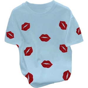 image:imageRoseSeek Womens Beaded Sequin Bowknot T Shirt Short Sleeve Crew Neck Embroidery Trendy Tee Y2k TopsBlue and Red