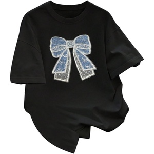image:imageRoseSeek Womens Beaded Sequin Bowknot T Shirt Short Sleeve Crew Neck Embroidery Trendy Tee Y2k TopsBow Black