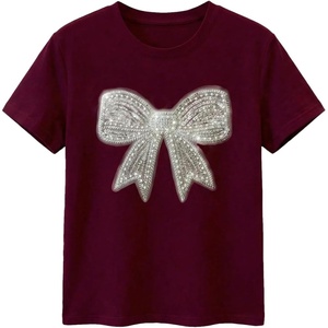 image:imageRoseSeek Womens Beaded Sequin Bowknot T Shirt Short Sleeve Crew Neck Embroidery Trendy Tee Y2k TopsBurgundy