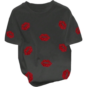 image:imageRoseSeek Womens Beaded Sequin Bowknot T Shirt Short Sleeve Crew Neck Embroidery Trendy Tee Y2k TopsGrey and Red