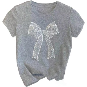 image:imageRoseSeek Womens Beaded Sequin Bowknot T Shirt Short Sleeve Crew Neck Embroidery Trendy Tee Y2k TopsLight Grey