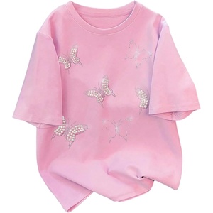 image:imageRoseSeek Womens Beaded Sequin Bowknot T Shirt Short Sleeve Crew Neck Embroidery Trendy Tee Y2k TopsLight Pink