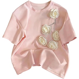 image:imageRoseSeek Womens Beaded Sequin Bowknot T Shirt Short Sleeve Crew Neck Embroidery Trendy Tee Y2k TopsLight Pink and White