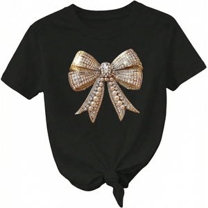 image:imageRoseSeek Womens Beaded Sequin Bowknot T Shirt Short Sleeve Crew Neck Embroidery Trendy Tee Y2k TopsPearl Black