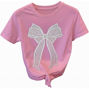 image:imageRoseSeek Womens Beaded Sequin Bowknot T Shirt Short Sleeve Crew Neck Embroidery Trendy Tee Y2k TopsPink