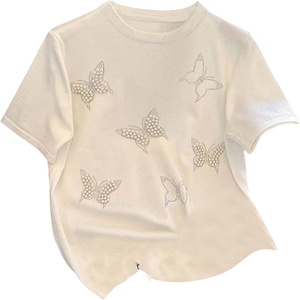 image:imageRoseSeek Womens Beaded Sequin Bowknot T Shirt Short Sleeve Crew Neck Embroidery Trendy Tee Y2k TopsWhite