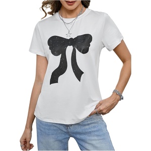 image:imageRoseSeek Womens Beaded Sequin Bowknot T Shirt Short Sleeve Crew Neck Embroidery Trendy Tee Y2k TopsWhite and Black