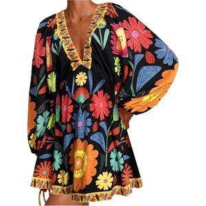 image:imageRoseSeek Womens Boho Floral V Neck Mini Dresses Bishop Sleeve Tie Open Back Tropical DressBlack