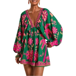 image:imageRoseSeek Womens Boho Floral V Neck Mini Dresses Bishop Sleeve Tie Open Back Tropical DressGreen Pink
