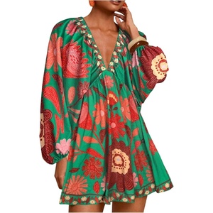 image:imageRoseSeek Womens Boho Floral V Neck Mini Dresses Bishop Sleeve Tie Open Back Tropical DressGreen and Red