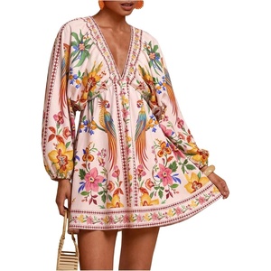 image:imageRoseSeek Womens Boho Floral V Neck Mini Dresses Bishop Sleeve Tie Open Back Tropical DressMix Floral