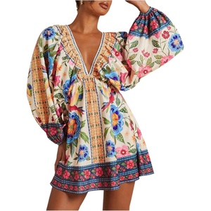 image:imageRoseSeek Womens Boho Floral V Neck Mini Dresses Bishop Sleeve Tie Open Back Tropical DressMulticolor