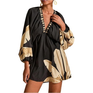image:imageRoseSeek Womens Boho Floral V Neck Mini Dresses Bishop Sleeve Tie Open Back Tropical DressMulticolor Black
