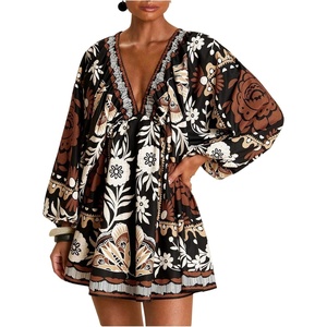 image:imageRoseSeek Womens Boho Floral V Neck Mini Dresses Bishop Sleeve Tie Open Back Tropical DressMulticolor Brown