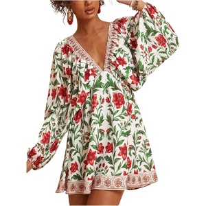 image:imageRoseSeek Womens Boho Floral V Neck Mini Dresses Bishop Sleeve Tie Open Back Tropical DressMulticolor Green