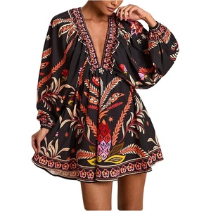 image:imageRoseSeek Womens Boho Floral V Neck Mini Dresses Bishop Sleeve Tie Open Back Tropical DressMulticolor Red