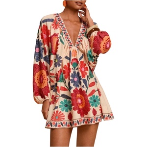 image:imageRoseSeek Womens Boho Floral V Neck Mini Dresses Bishop Sleeve Tie Open Back Tropical DressOrange