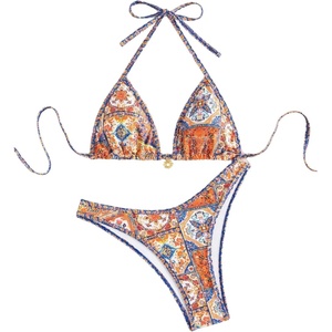image:imageRoseSeek Womens Boho High Cut Bikini Sets Halter Triangle Padded Bathing Suit 2 Piece Retro SwimsuitOrange