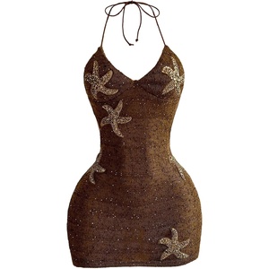 image:imageRoseSeek Womens Boho Sequin Mini Dress Halter Tie Back V Neck Bodycon Dresses Sparkle DressCoffee Brown