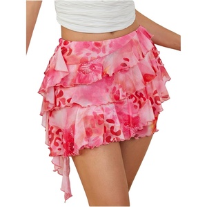 image:imageRoseSeek Womens Boho Tropical Floral Mini Skirts Bodycon Ruffle Layered Skirt Beach Vacation OutfitPink