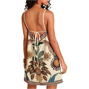 image:imageRoseSeek Womens Boho Tropical Tie Backless Halter Dresses Sleeveless Vacation Beach Short DressBeige and Orange