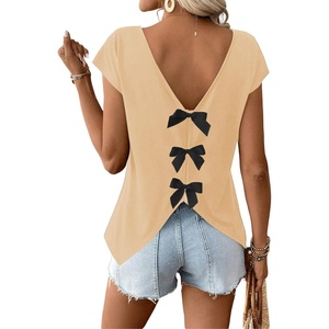 image:imageRoseSeek Womens Bow Shirts Short Cap Sleeve V Neck Asymmetrical Backless Tops Elegant Casual Summer TopsApricot