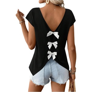 image:imageRoseSeek Womens Bow Shirts Short Cap Sleeve V Neck Asymmetrical Backless Tops Elegant Casual Summer TopsBlack