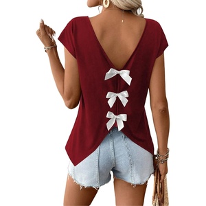 image:imageRoseSeek Womens Bow Shirts Short Cap Sleeve V Neck Asymmetrical Backless Tops Elegant Casual Summer TopsBurgundy
