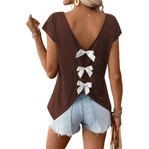 image:imageRoseSeek Womens Bow Shirts Short Cap Sleeve V Neck Asymmetrical Backless Tops Elegant Casual Summer TopsChocolate Brown