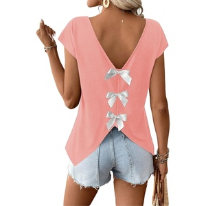 image:imageRoseSeek Womens Bow Shirts Short Cap Sleeve V Neck Asymmetrical Backless Tops Elegant Casual Summer TopsPink