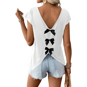 image:imageRoseSeek Womens Bow Shirts Short Cap Sleeve V Neck Asymmetrical Backless Tops Elegant Casual Summer TopsWhite and Black