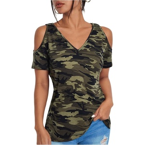 image:imageRoseSeek Womens Camo Leopard Cold Shoulder T Shirts V Neck Short Sleeve Tee Summer Tops Camouflage OutfitsGreen
