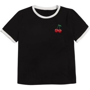 image:imageRoseSeek Womens Cherry Embroidery Print Shirt Contrast Color Neck Tee Short Sleeve Graphic Casual T Shirt Summer Tee TopsBlack White
