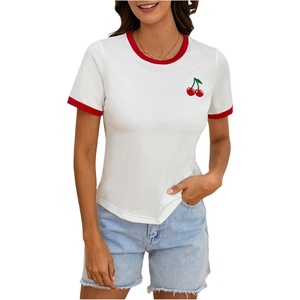 image:imageRoseSeek Womens Cherry Embroidery Print Shirt Contrast Color Neck Tee Short Sleeve Graphic Casual T Shirt Summer Tee TopsWhite