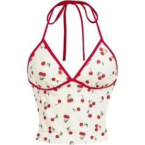 image:imageRoseSeek Womens Cherry Print Halter Cami Tops Backless Slim Fit Summer Going Out Y2K Crop Tank TopApricot