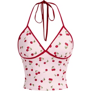 image:imageRoseSeek Womens Cherry Print Halter Cami Tops Backless Slim Fit Summer Going Out Y2K Crop Tank TopPink