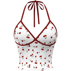 image:imageRoseSeek Womens Cherry Print Halter Cami Tops Backless Slim Fit Summer Going Out Y2K Crop Tank TopWhite