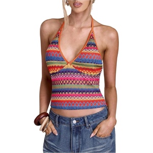 image:imageRoseSeek Womens Colorful Boho Halter Tops Fitted Backless Crop Tops Vacation Beach WearOrange