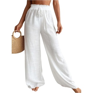 image:imageRoseSeek Womens Cover Up Beach Pants Sheer Mesh Drawstring Wide Leg High Waist Bikini Swimsuit CoverupsWhite