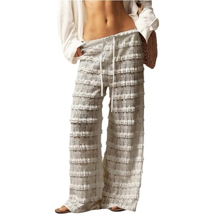 image:imageRoseSeek Womens Crochet Lace Pants Ruffle Layered Elastic Waist Mesh Bathing Suit Cover Up Beach PantsApricot