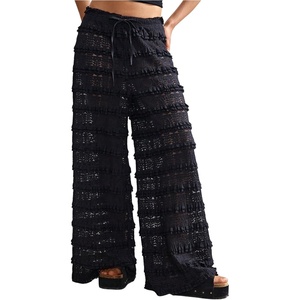 image:imageRoseSeek Womens Crochet Lace Pants Ruffle Layered Elastic Waist Mesh Bathing Suit Cover Up Beach PantsBlack