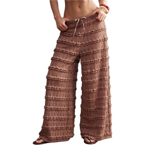 image:imageRoseSeek Womens Crochet Lace Pants Ruffle Layered Elastic Waist Mesh Bathing Suit Cover Up Beach PantsBrown