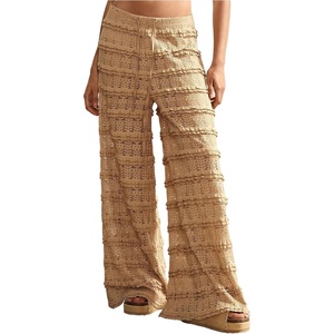 image:imageRoseSeek Womens Crochet Lace Pants Ruffle Layered Elastic Waist Mesh Bathing Suit Cover Up Beach PantsKhaki