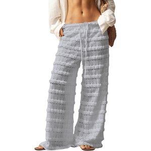 image:imageRoseSeek Womens Crochet Lace Pants Ruffle Layered Elastic Waist Mesh Bathing Suit Cover Up Beach PantsLight Grey