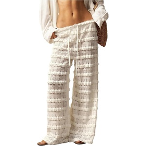 image:imageRoseSeek Womens Crochet Lace Pants Ruffle Layered Elastic Waist Mesh Bathing Suit Cover Up Beach PantsWhite