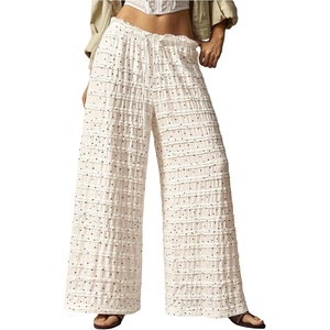 image:imageRoseSeek Womens Crochet Lace Pants Ruffle Layered Elastic Waist Mesh Bathing Suit Cover Up Beach PantsWhite Beige