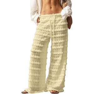 image:imageRoseSeek Womens Crochet Lace Pants Ruffle Layered Elastic Waist Mesh Bathing Suit Cover Up Beach PantsYellow