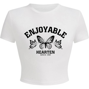 image:imageRoseSeek Womens Cropped Letter Graphic T Shirt Crewneck Short Sleeve Slogan Tee StreetwearButterfly White