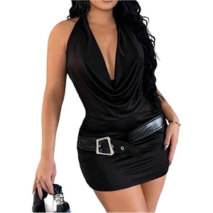 image:imageRoseSeek Womens Deep V Neck Halter Bodycon Mini Dress Draped Cowl Neck Backless Club Night Out DressesBlack